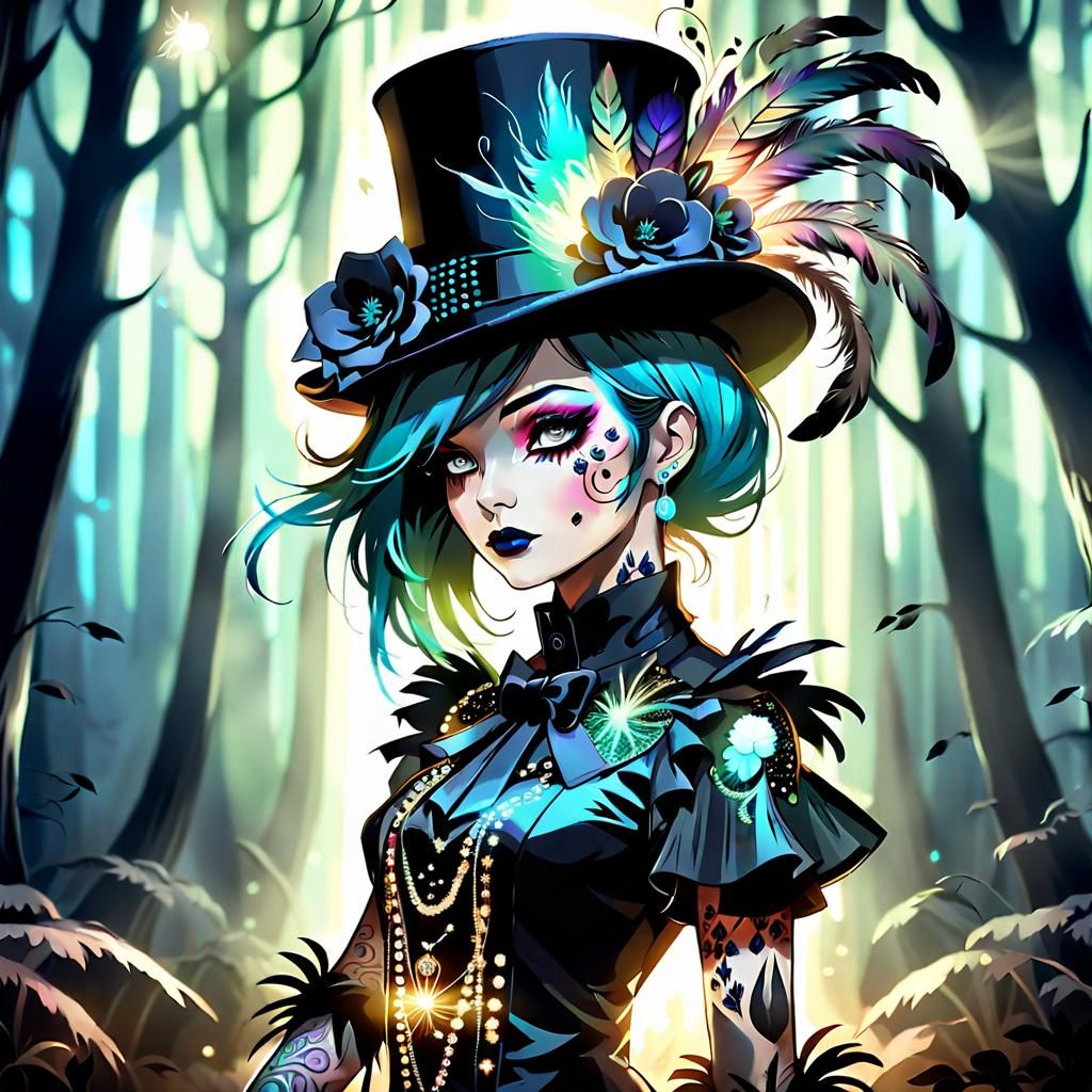 Retro Punk Woman with Tattoos in Dark Forest