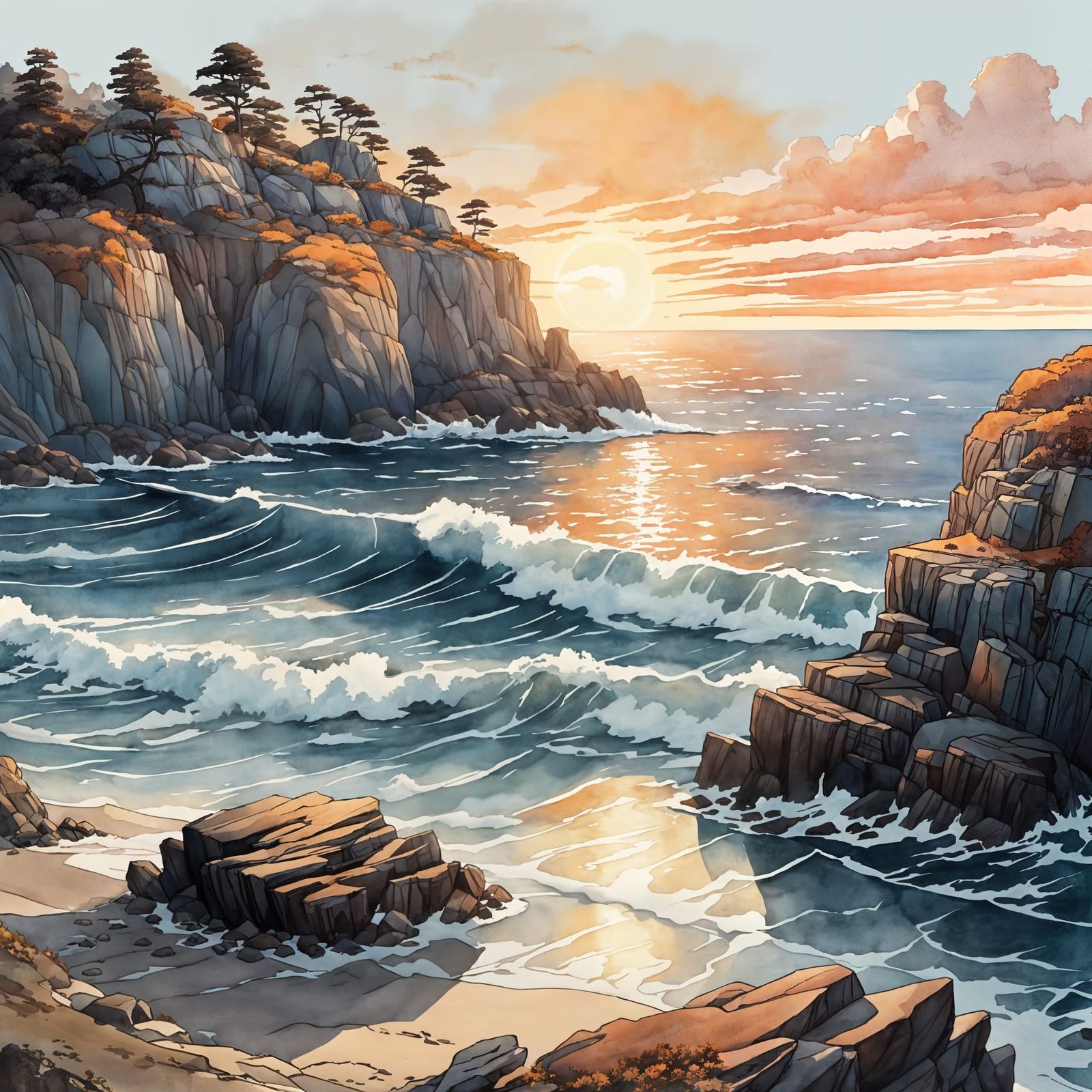 Magical Seaside Cliff at Sunset with Ethereal Glow