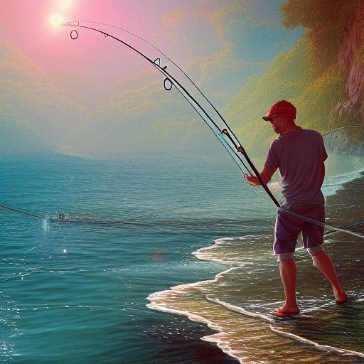 Fisherman Casting Rod in Crystal Ocean: Art Nouveau