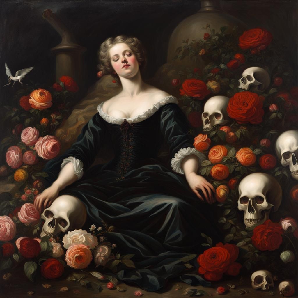 Romantic Oil Painting: Woman in Flowers with Skulls
