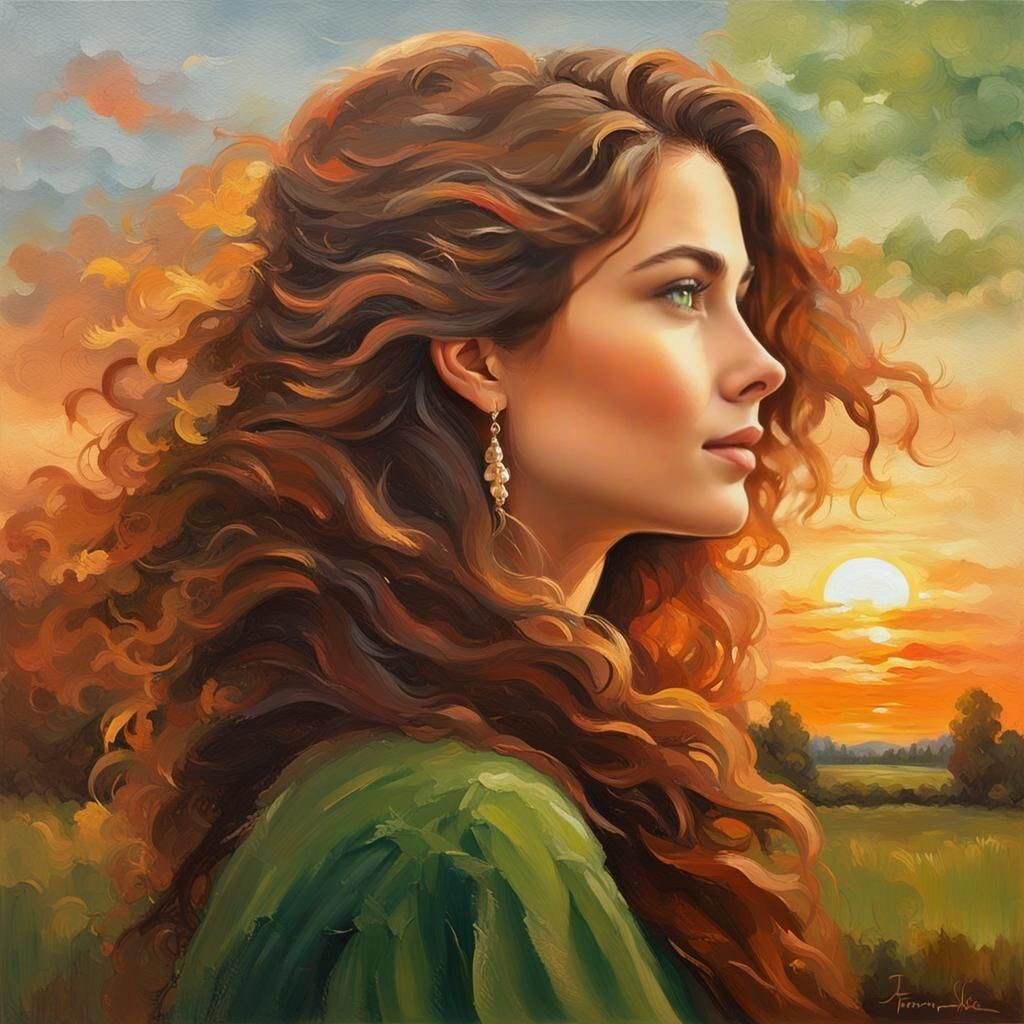 A Vintage European Oil Painting of a Beautiful Woman in Fall