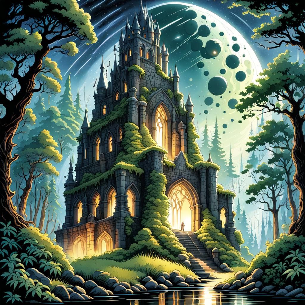 Gothic Stone Ruins in Watercolor Forest