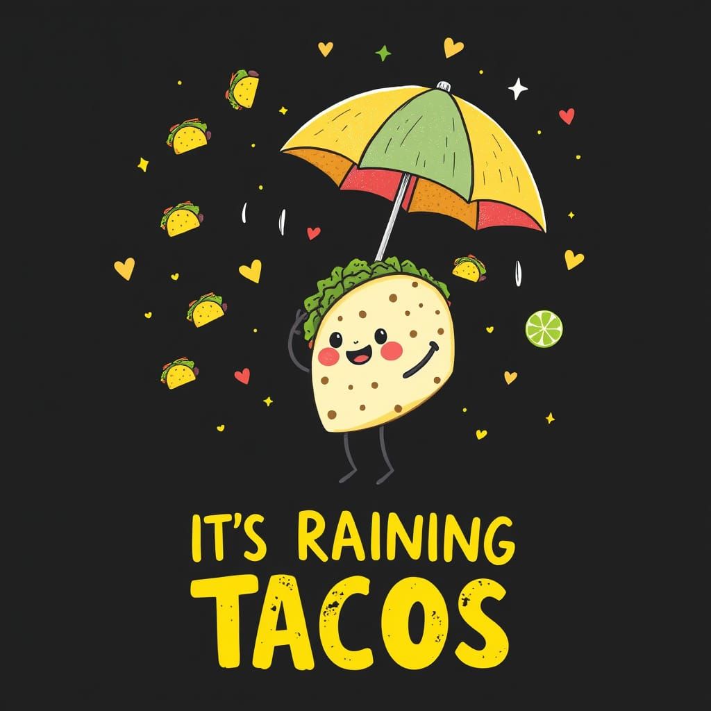 Whimsical Taco Character in a Colorful Rainstorm