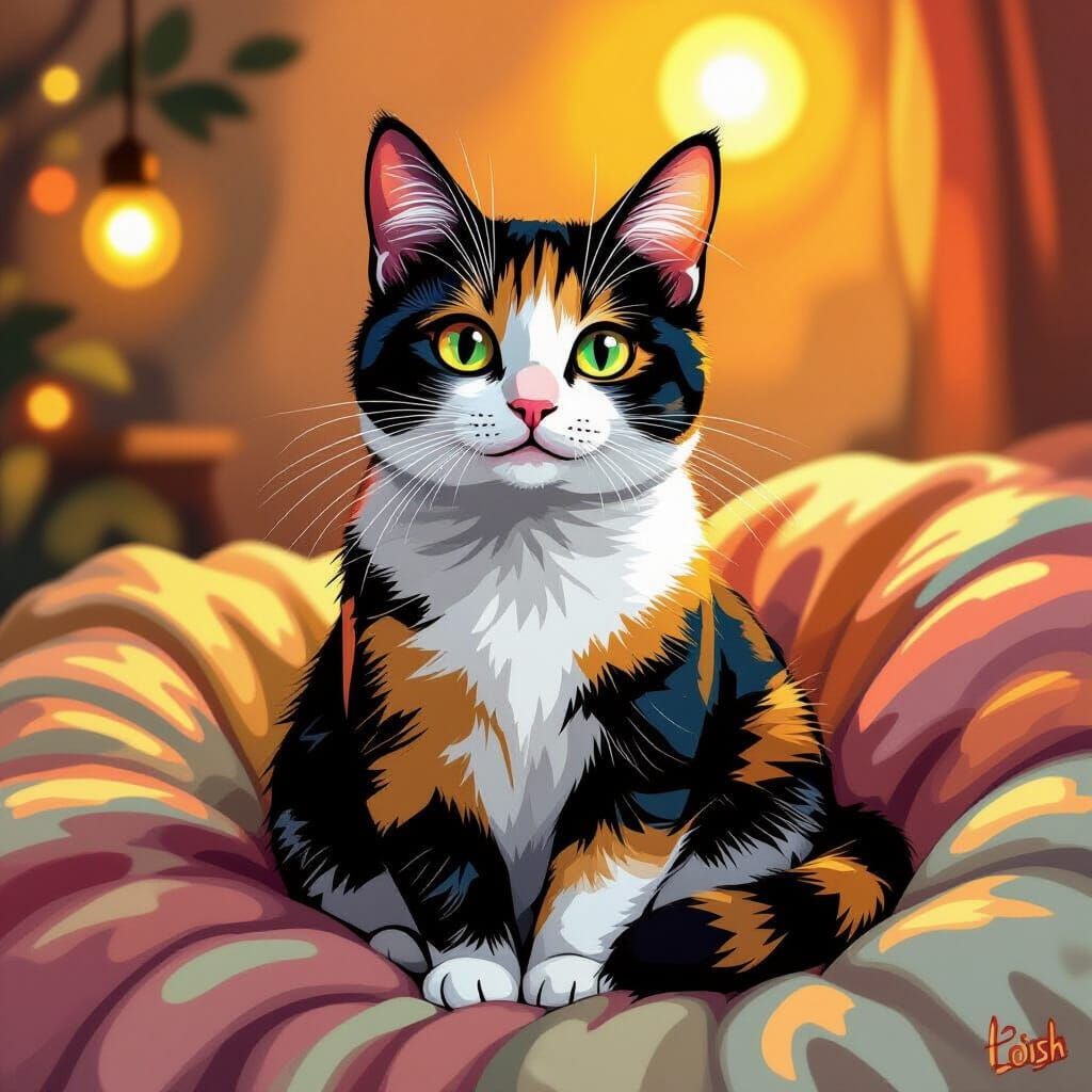 Tortoiseshell Cat in Vibrant Murakami & Jean Style