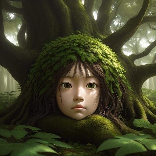 Child Hiding Behind Tree in Enchanted Forest