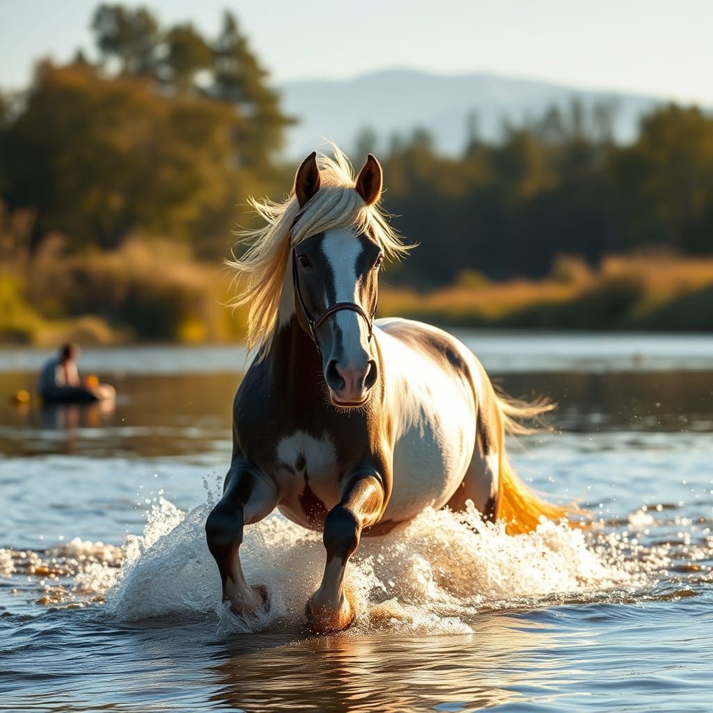 Tobiano Horse Galloping in River with Golden Sparkles