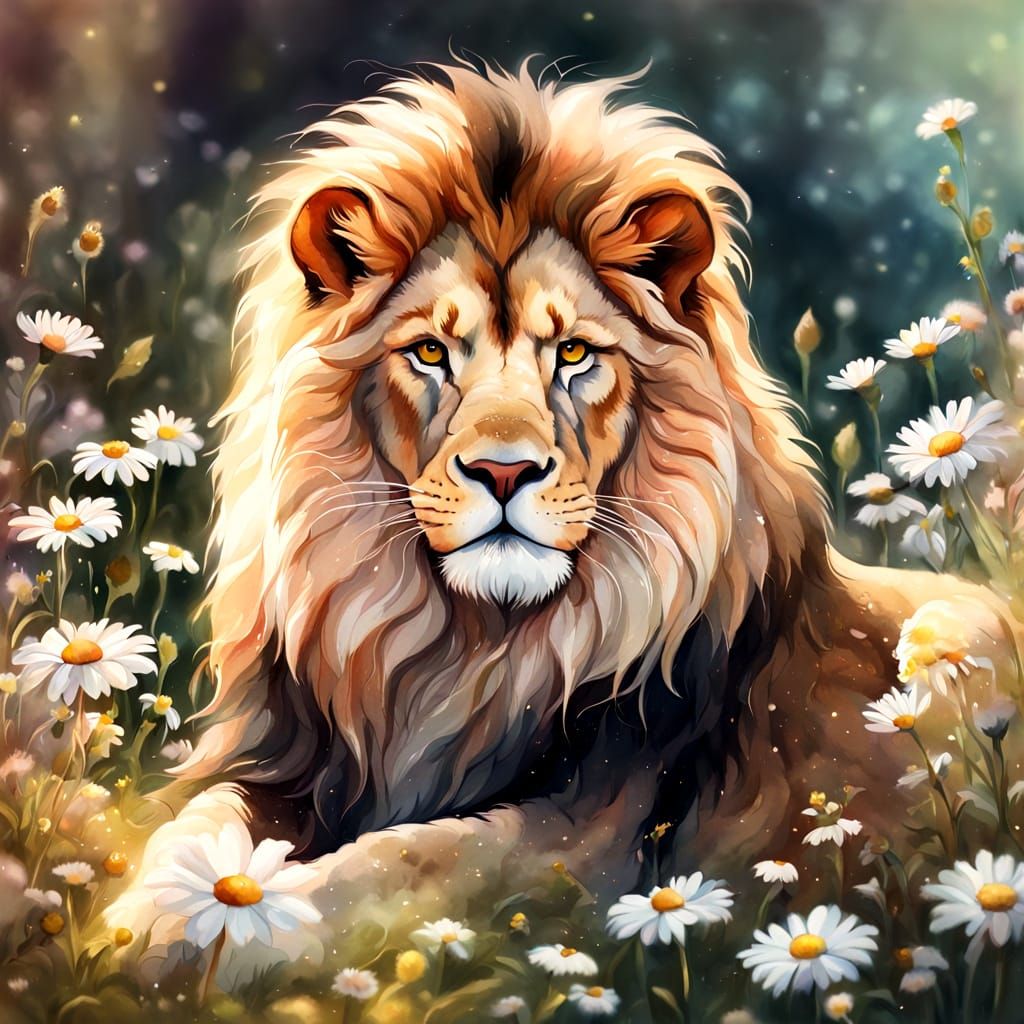 Fluffy Lion in Wildflower Meadow: Whimsical Watercolor Art