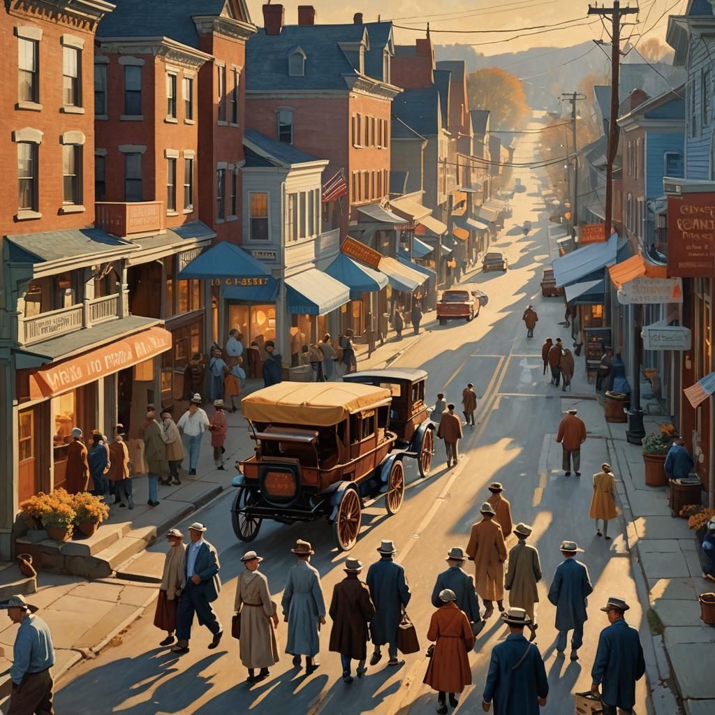 Americana Town at Sunrise in Rockwell Style