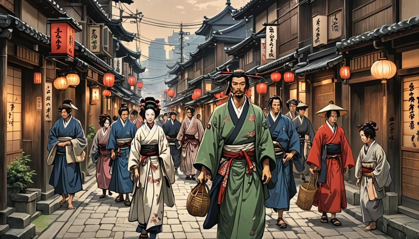 Edo Period Yoshiwara Street Scene with Geisha