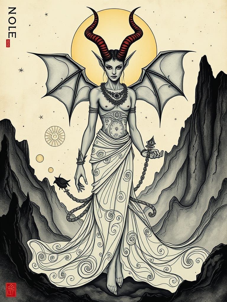 Symbolic Devil in Art Nouveau Neo-Impressionist Style