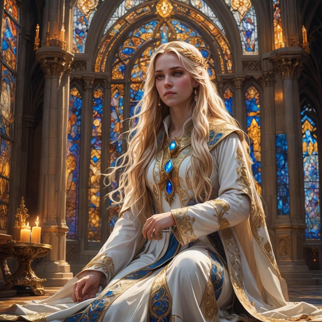 Priestess at Gothic Altar in Golden Light