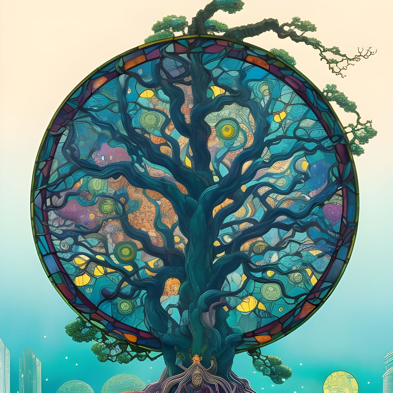 Stained Glass Window of Ancient Tree in Vibrant Colors