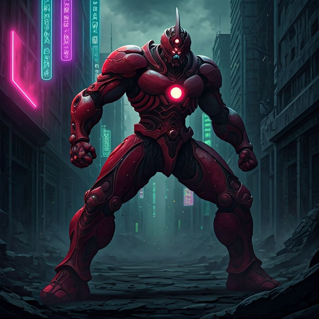 Guyver: Bio-Mechanical Warrior in Cyberpunk Cityscape
