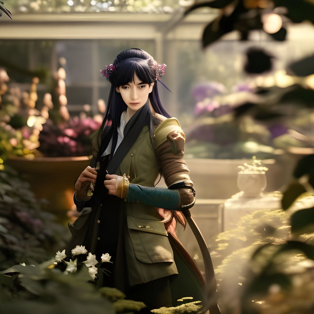 Beautiful Hero in Garden: Detailed Matte Painting