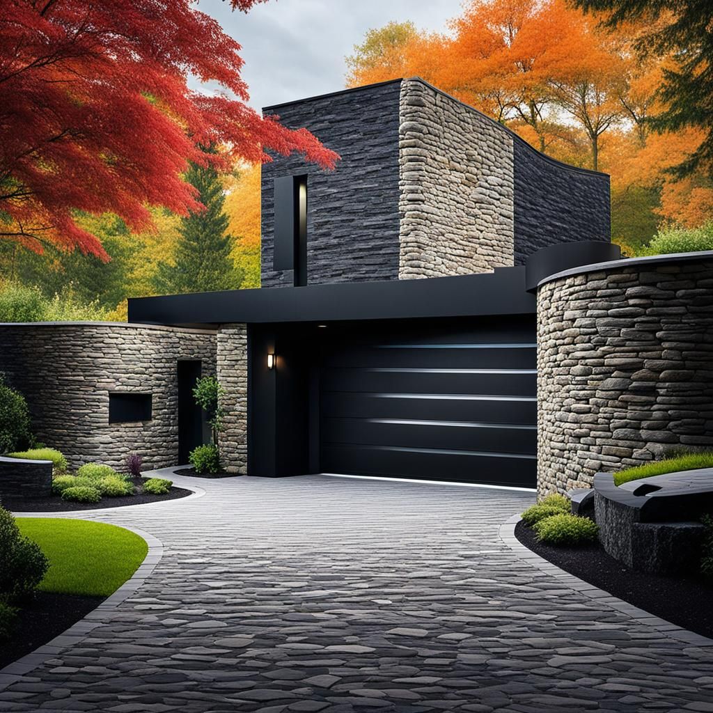 Behind a beautiful stone wall a winding driveway leads to an...