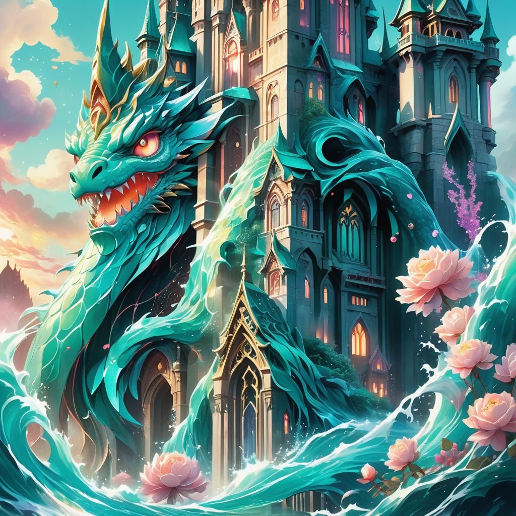 Aqua Monster and Teal Castle: Anime Illustration