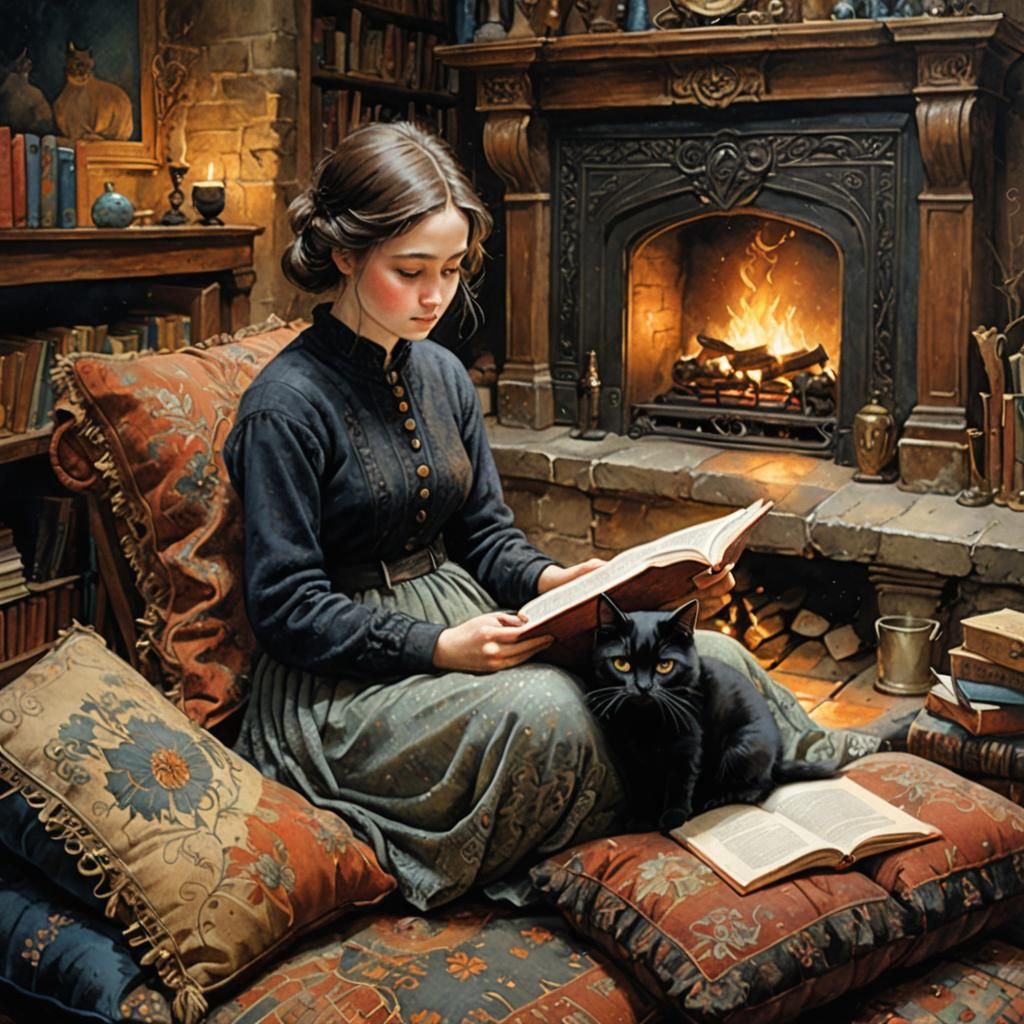 Girl Reading with Cat by Fireplace: Detailed Art