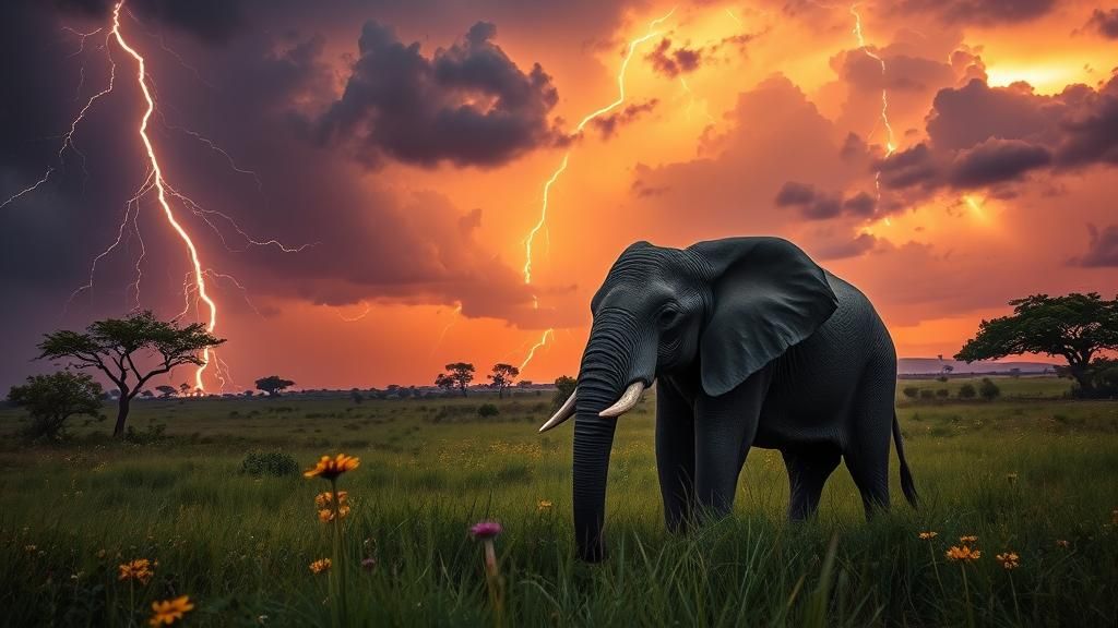 Elephant in Stormy Savannah at Golden Hour