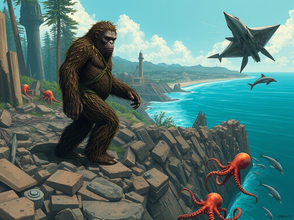 Bigfoot Overlooks Submerged California Coast in Digital Pain...