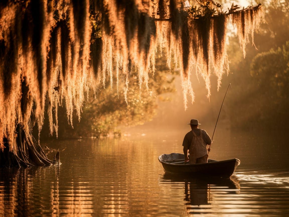 Bayou Fisherman in Pirogue, Vintage Photography Style
