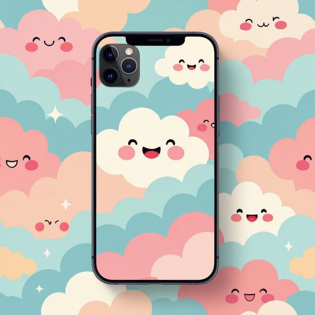 Whimsical Abstract Wallpaper with Smiling Clouds and Cartoon...