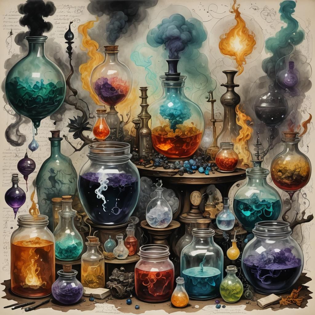 Alchemical Collage with Potions in Mixed Media