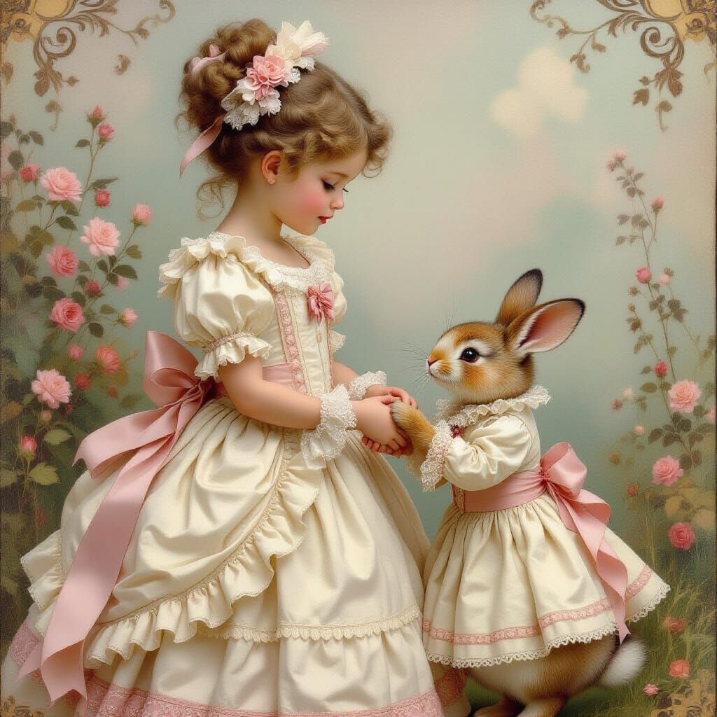 Victorian Girl and Magical Pet in Dreamy Setting