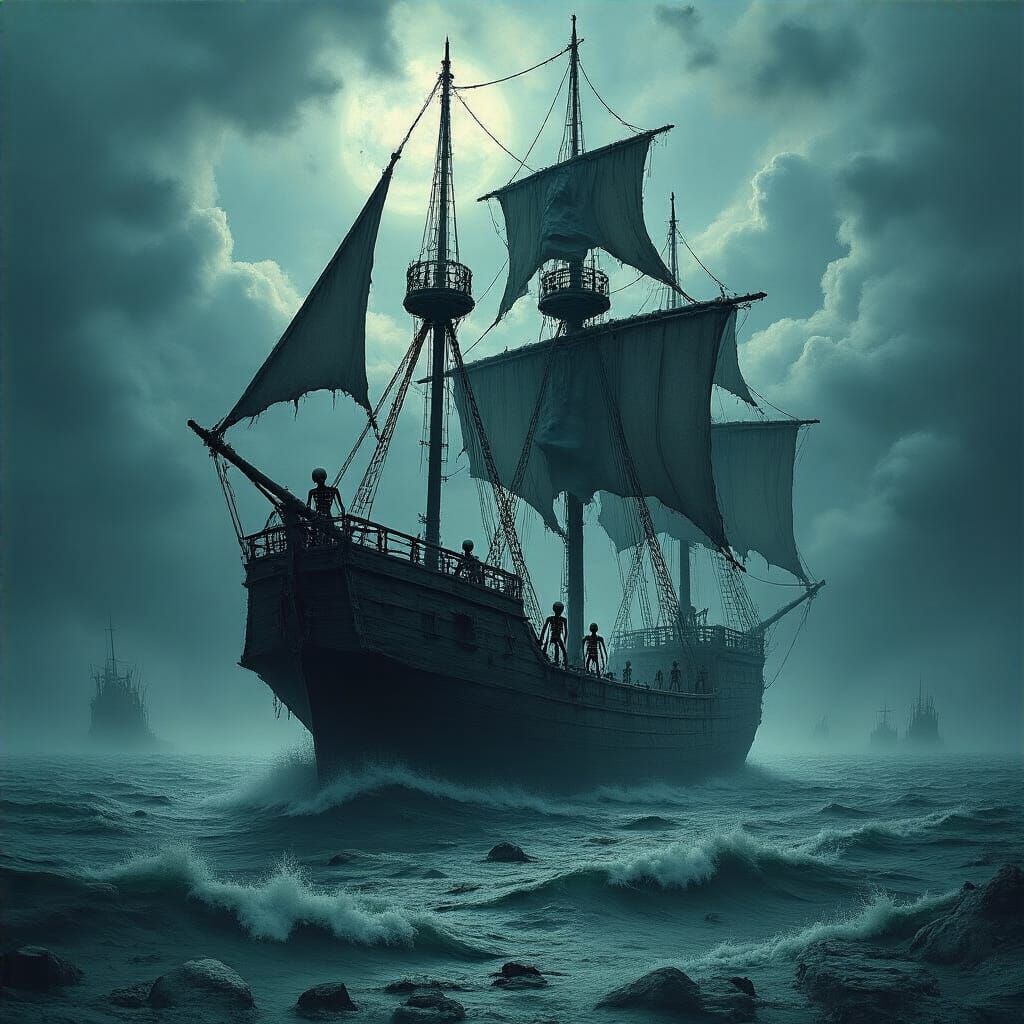 Spectral Ship Sails Sea of Dreams Under Macabre Sky