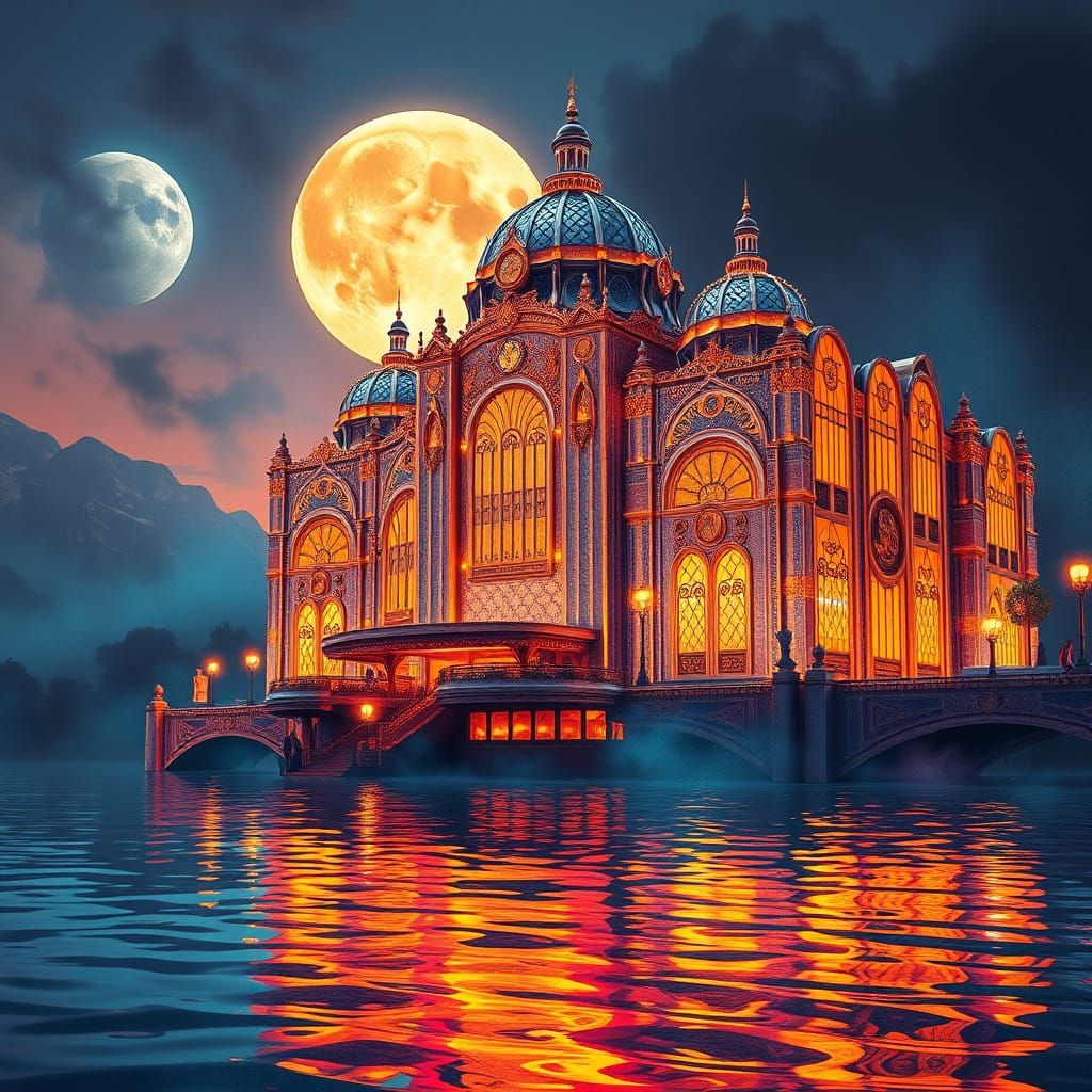 Lunar City of Dreams in Art Nouveau Style