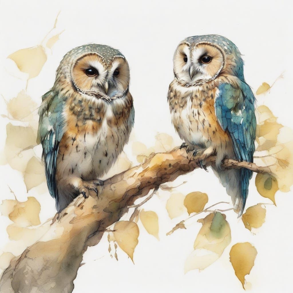 Whimsical Watercolour of Two Baby Owls in Springtime