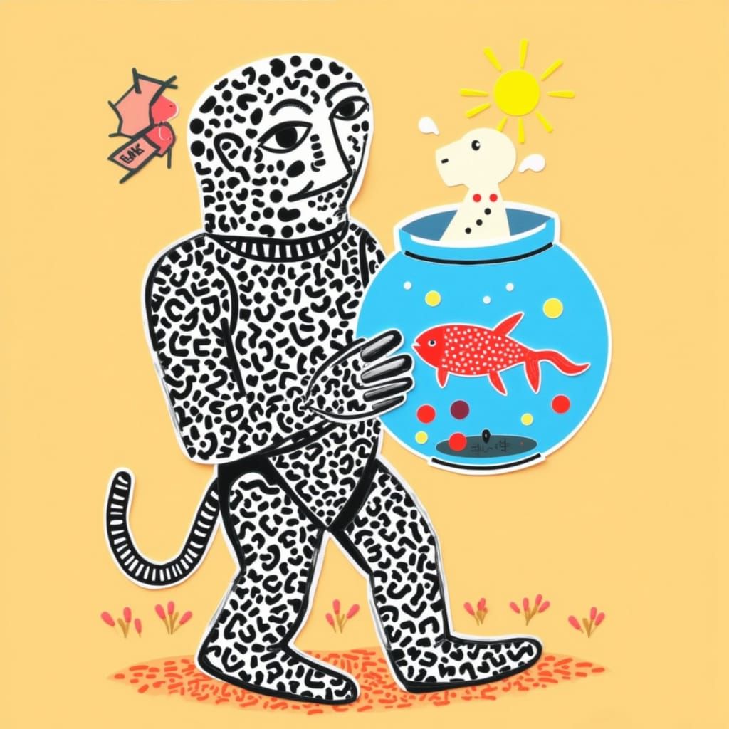 Cute Robot Holding a Fishbowl