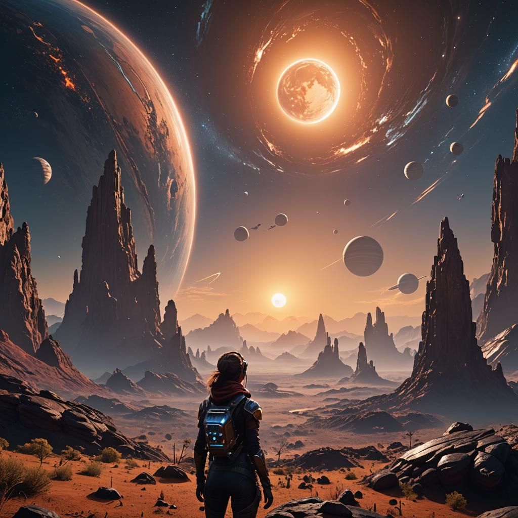 Woman Gazing at Three Suns: 3D Game Cinematic