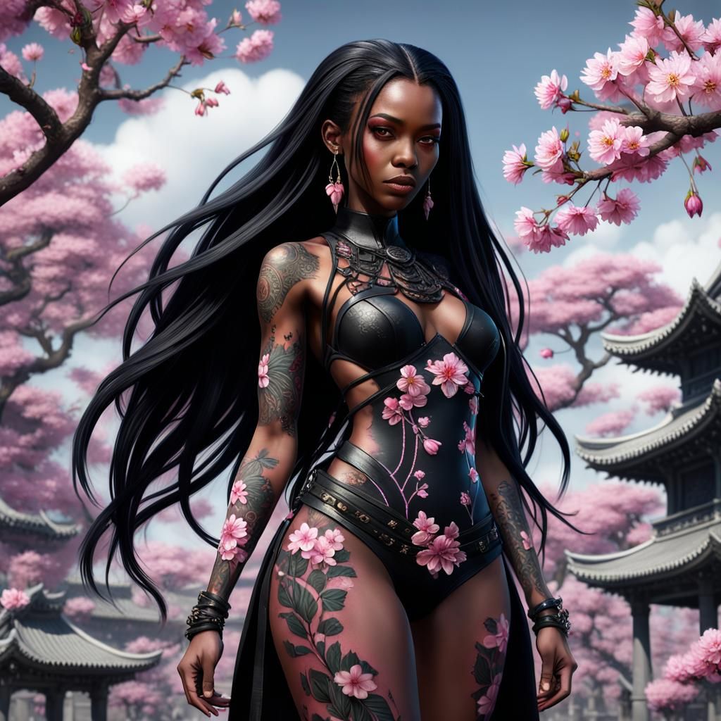 Goth African Girl with Cherry Blossom Tattoo