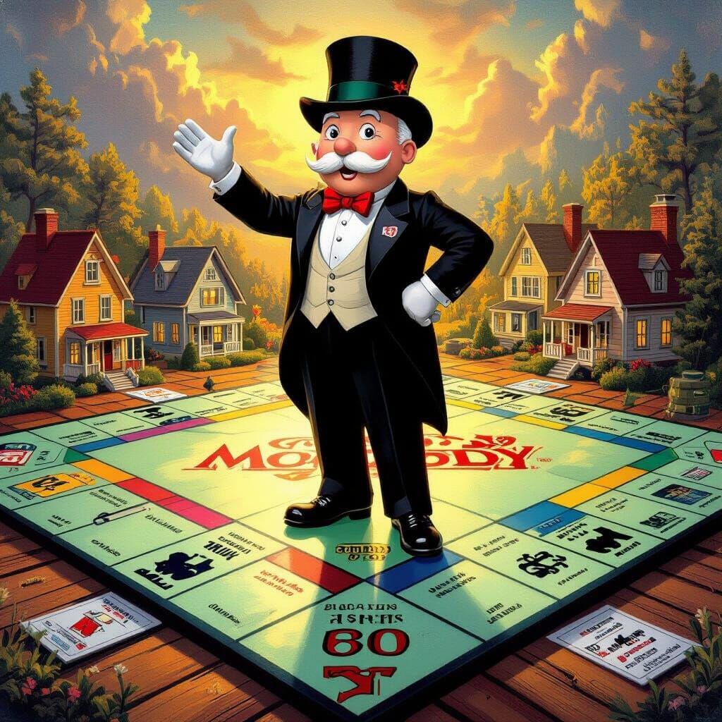 Mr. Monopoly on Game Board in Kinkade Style