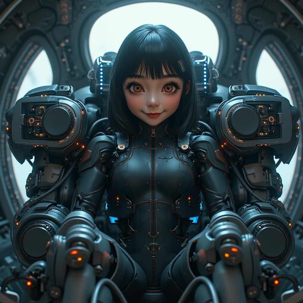 Girl Piloting Futuristic Mech Interior, Hyper-Realistic Styl...