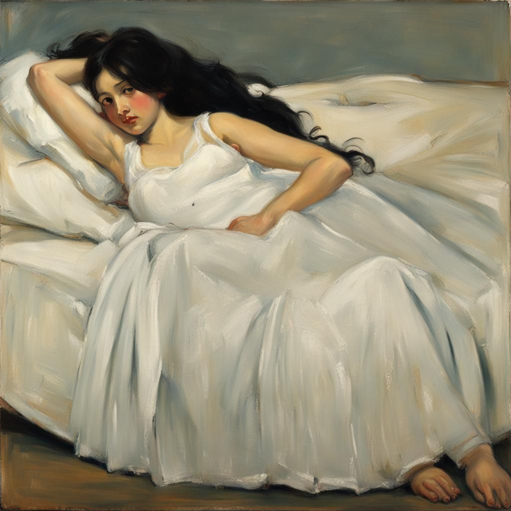 Woman Reclining in White Dress, Oil Painting