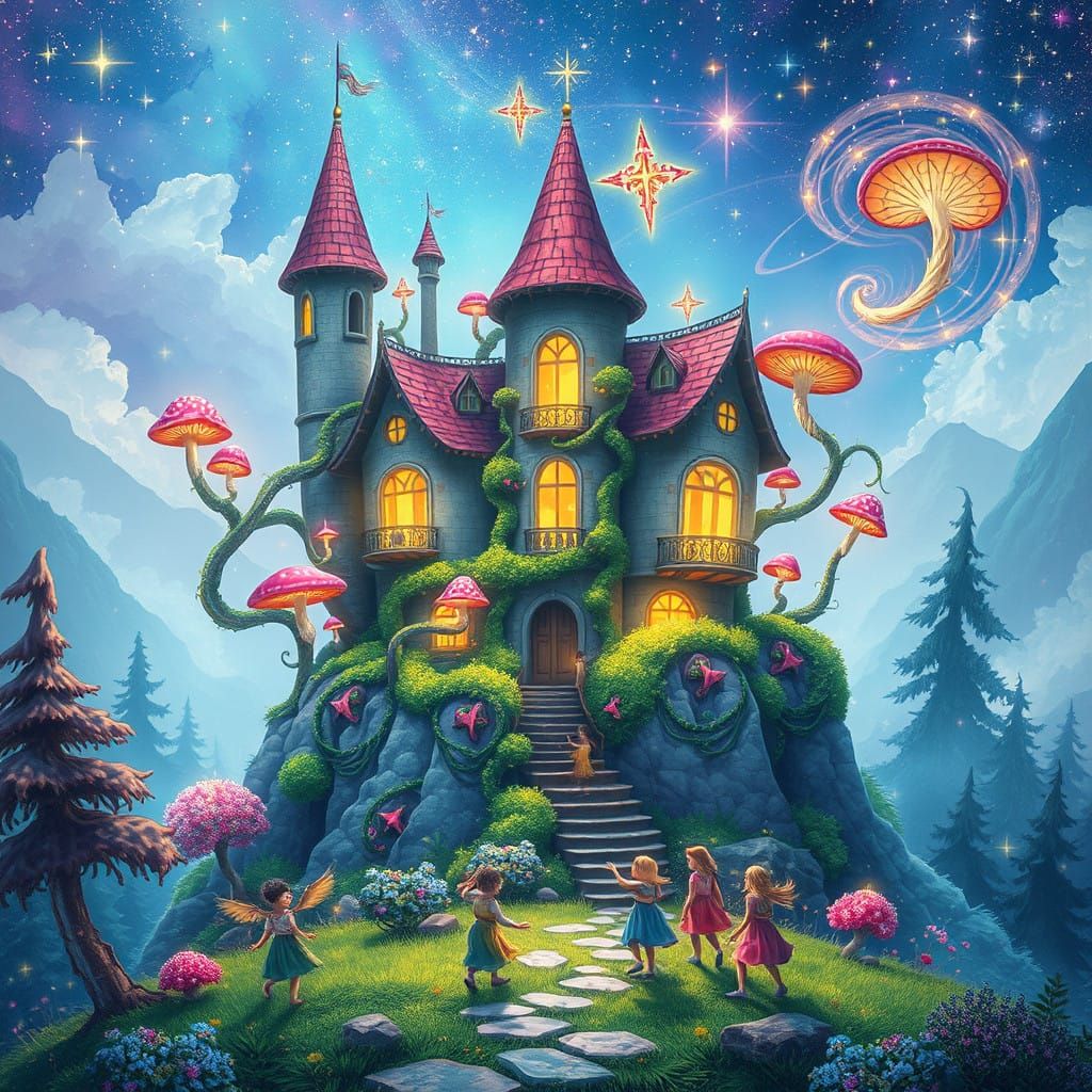 Whimsical Cosmic Castle in Vibrant Mixed Media Style