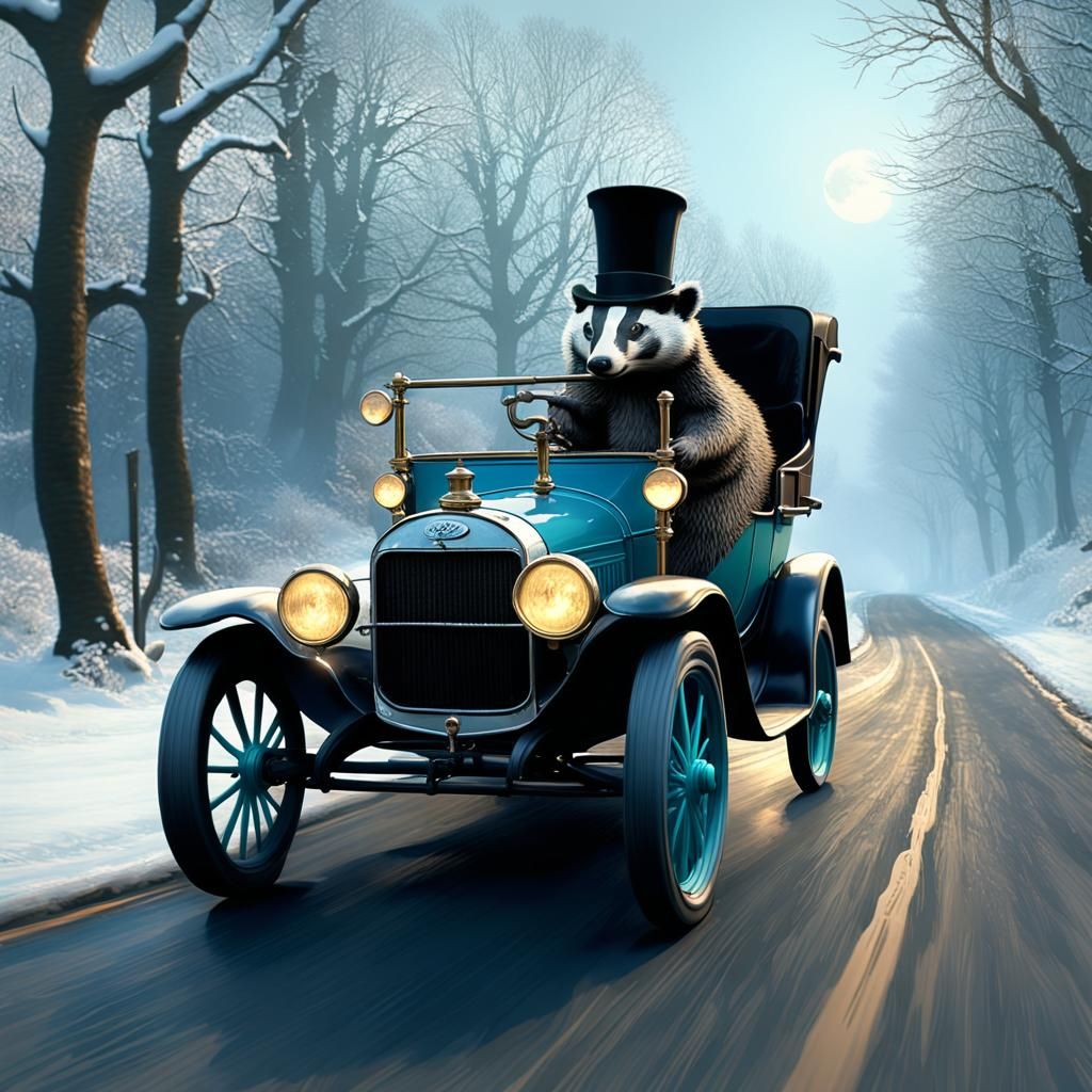 Badger Drives Model T Ford in Winter Landscape