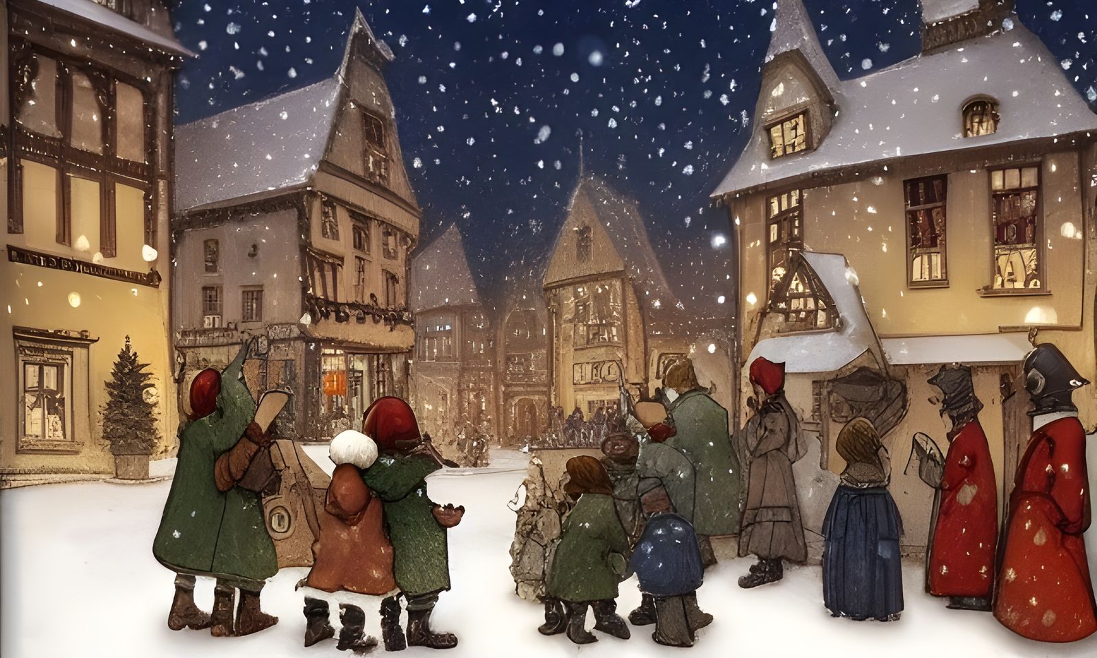 Christmas Carolers in Snowy Town Square