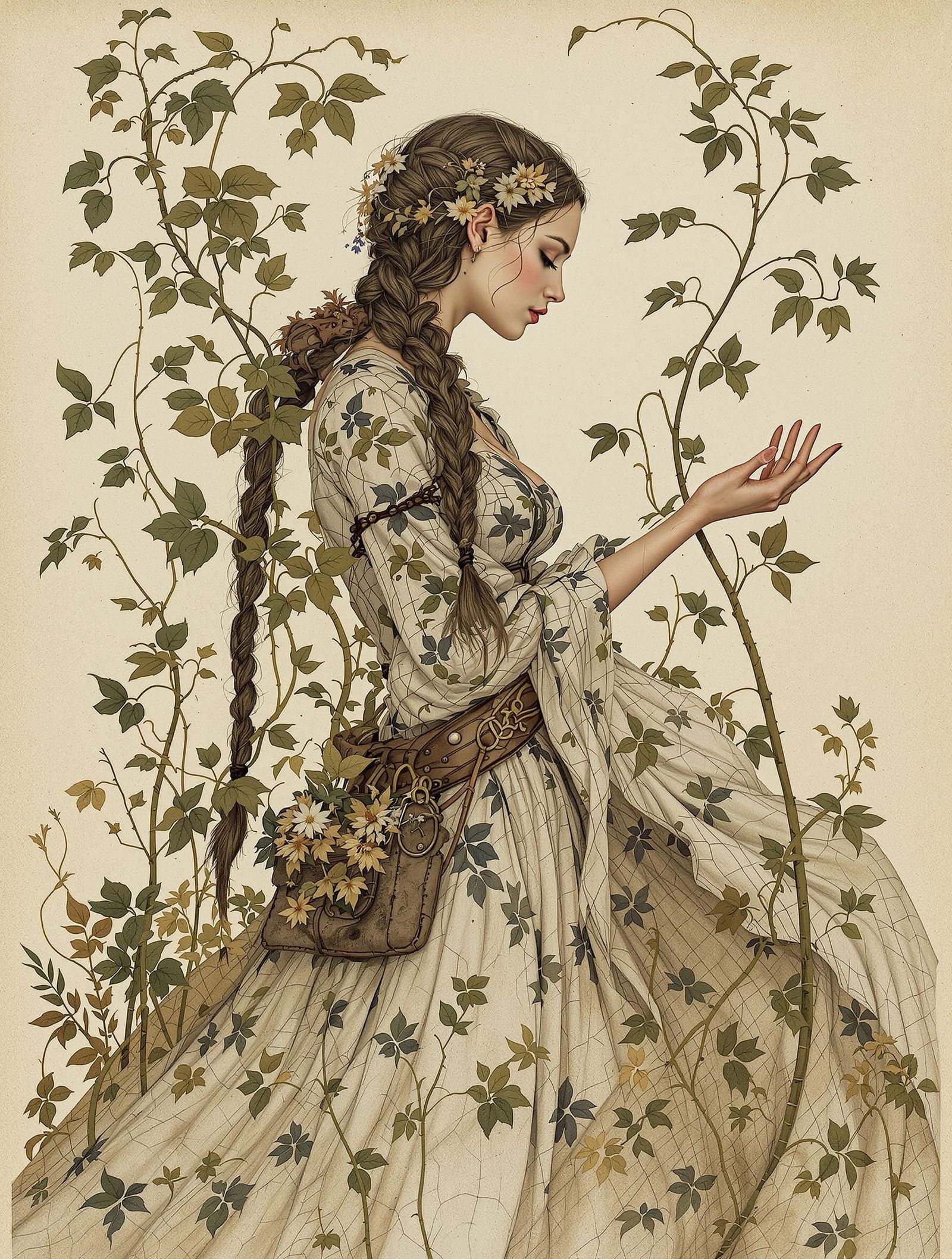 Dryad Summoning Blooms in Botanical Illustration Style