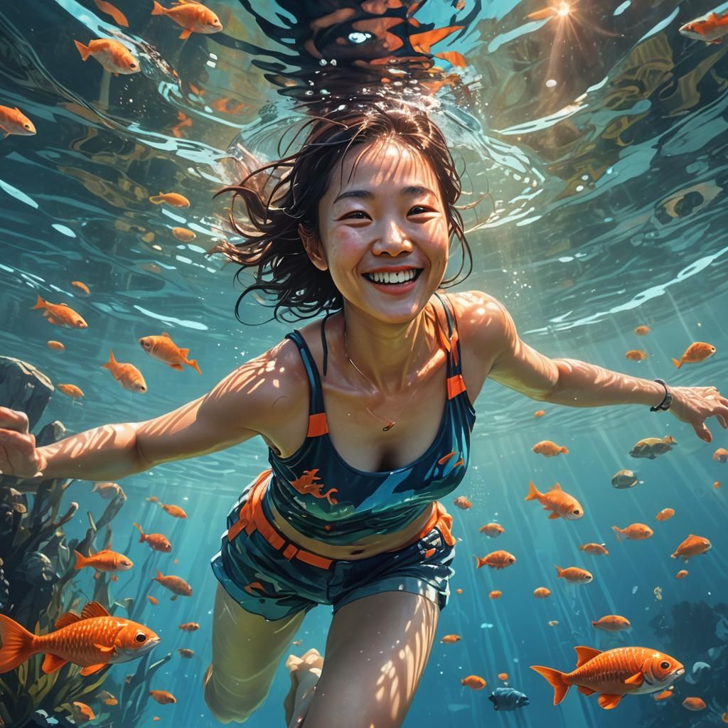 Smiling Woman Underwater in Dreamlike Digital Art