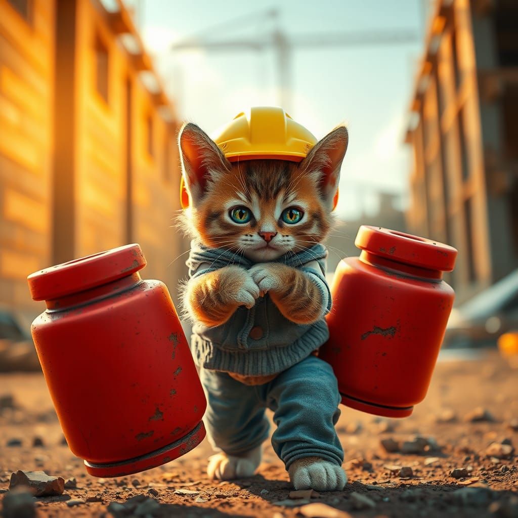 Kitten Construction Worker in Detailed Matte Painting