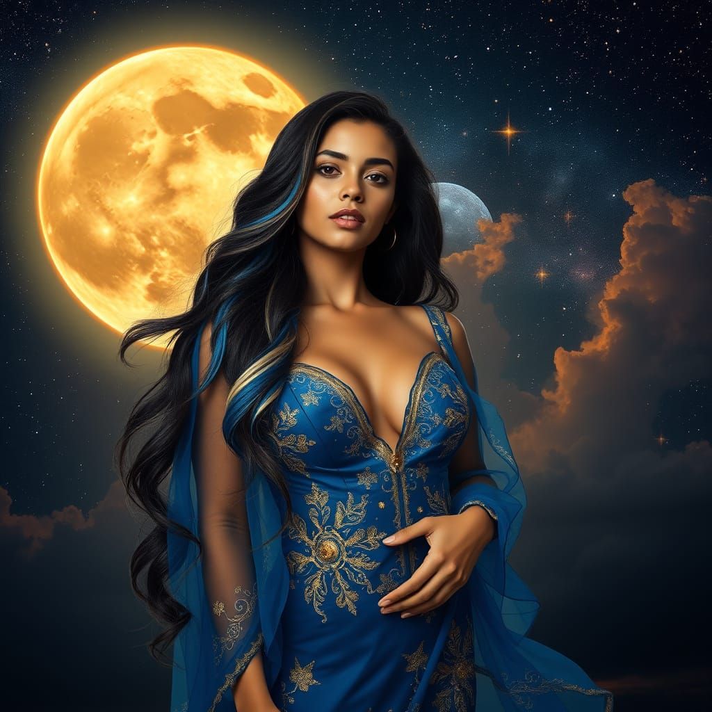 Costa Rican Latina Under Amber Moon in Fantasy Realism