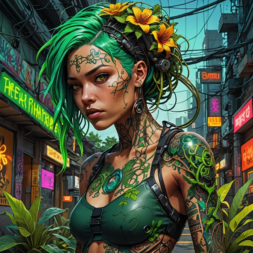 Cyberpunk Jungle Portrait with Neon Tattoos
