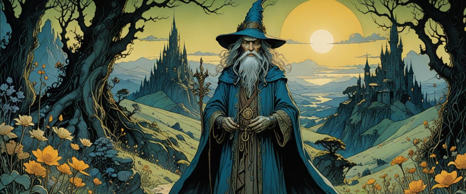 Eerie Wizard with Glowing Flowers in Volumetric Light