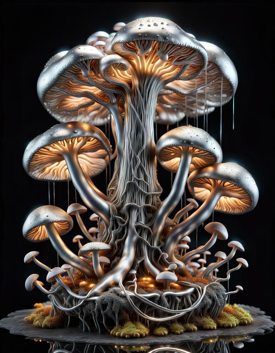 Surreal Liquid Metal Mycelial Network Sculpture