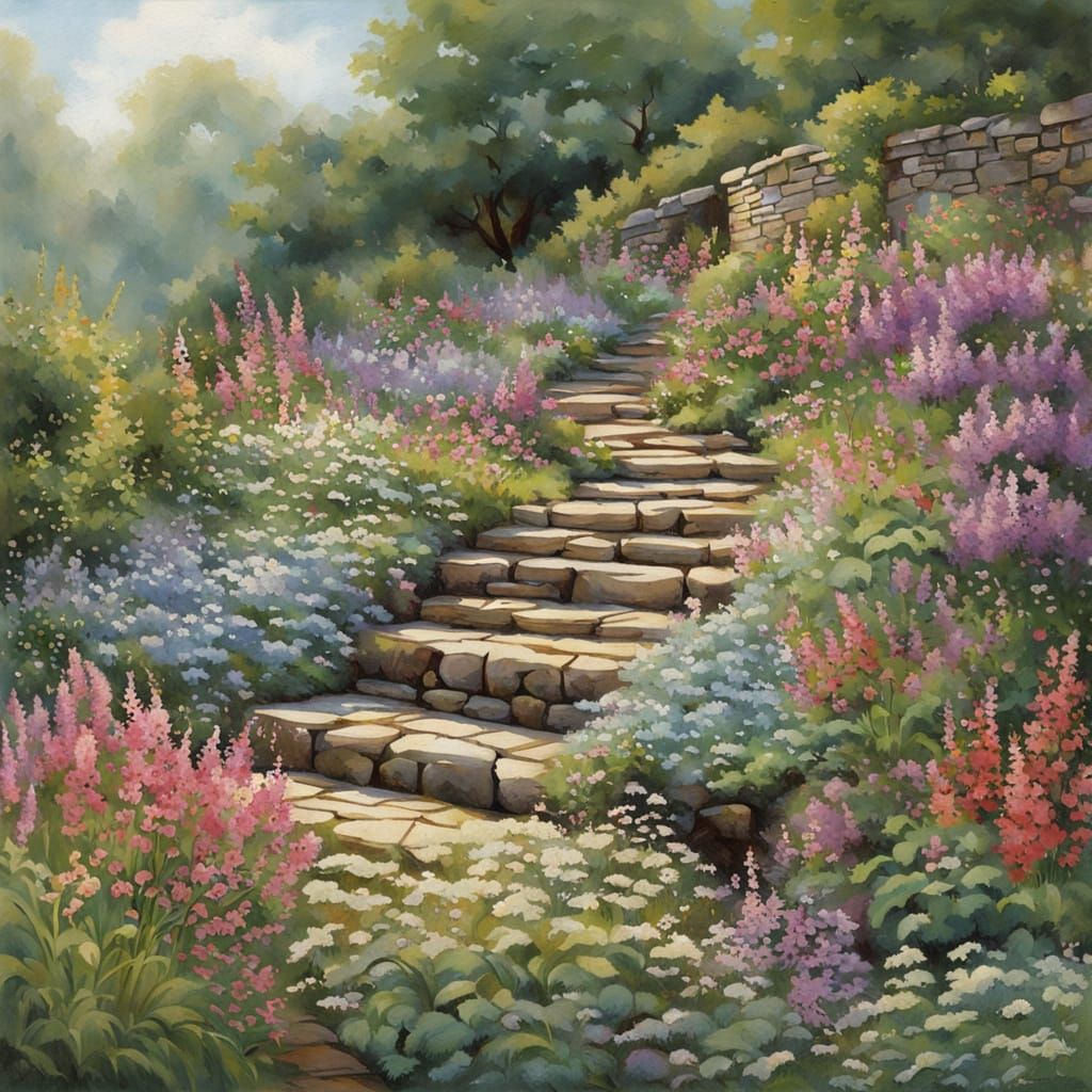 Whimsical Valerian Blooms Spill Over Drystone Steps to a Col...