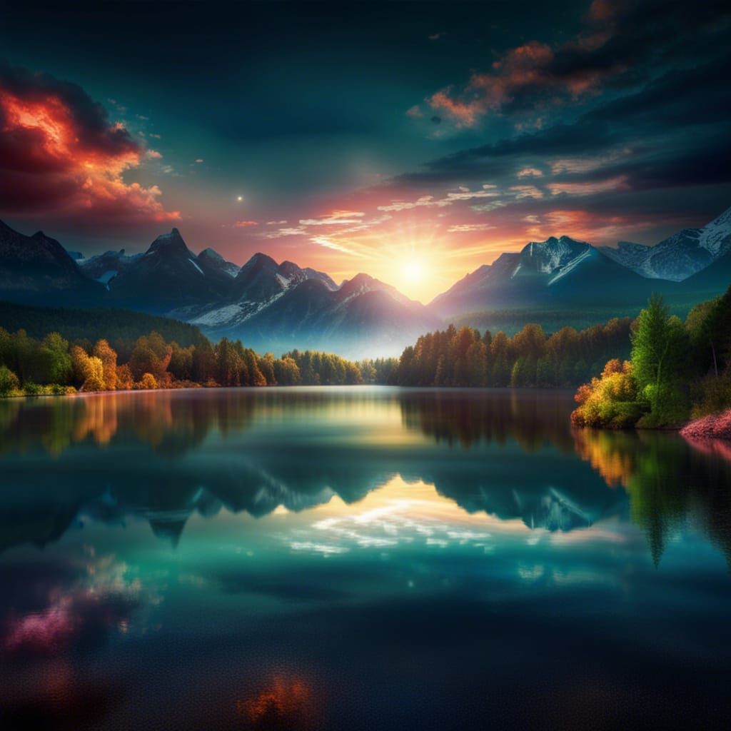 Intergalactic Sunrise Over Mountain Lake: Hyperrealistic HDR