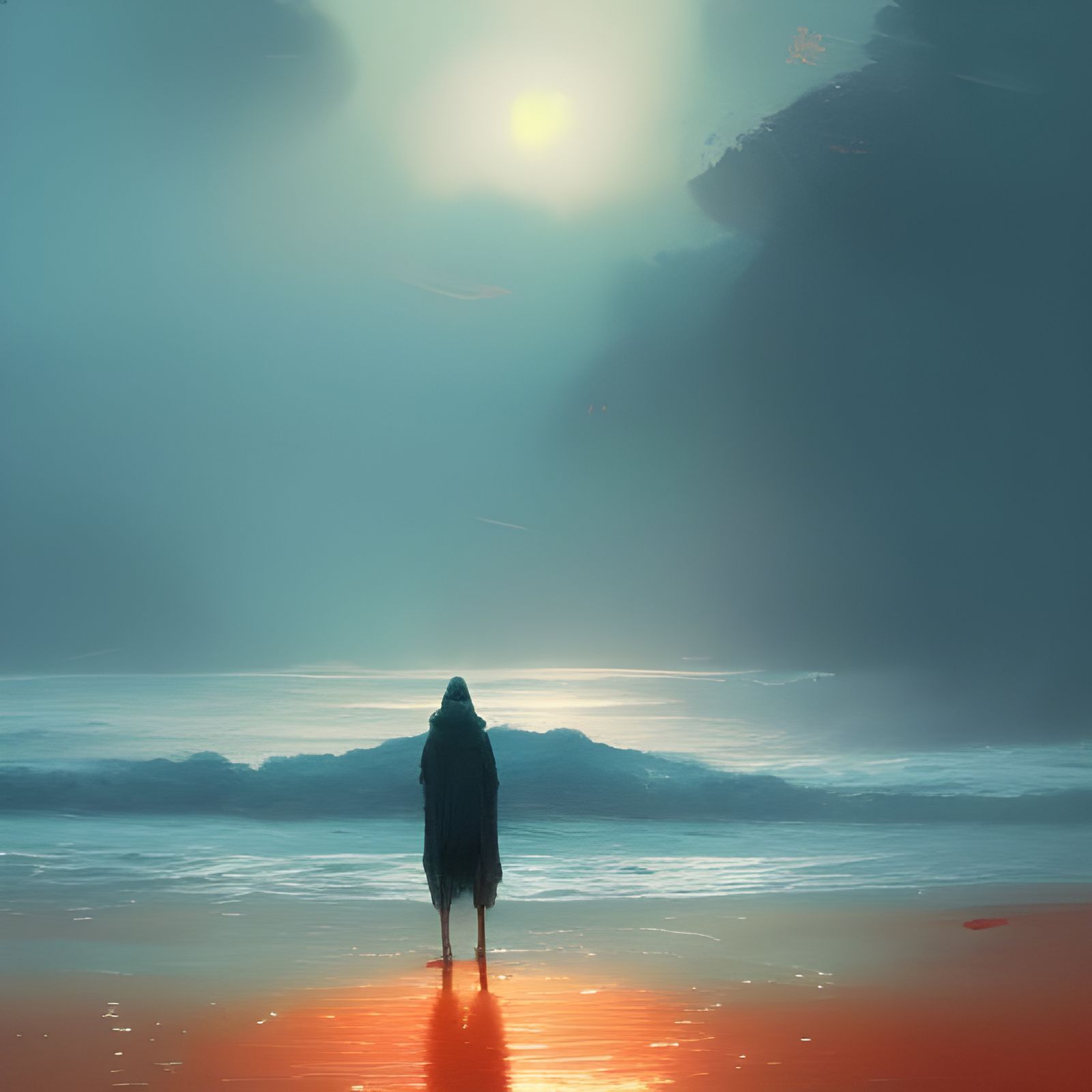 Orange Cloaked Figure at Sunset: Fine Art Painting