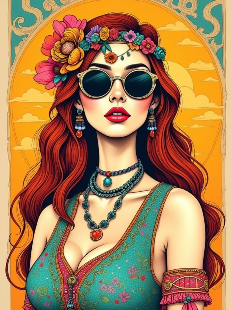 Bohemian Woman Portrait in Psychedelic Retro Style